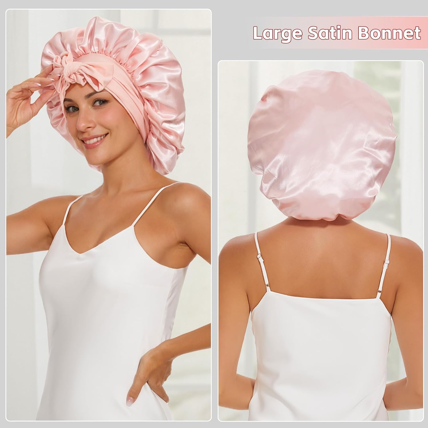 Woman wearing a large pink satin bonnet shown from front and back views in a white nightgown