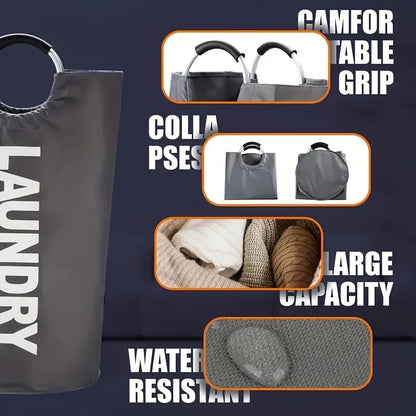 A dark-themed product layout featuring a black laundry hamper with zoomed-in circles highlighting features like waterproof fabric, comfortable grip handles, collapsible structure, and spacious interior with clothes. Text labels describe each feature.