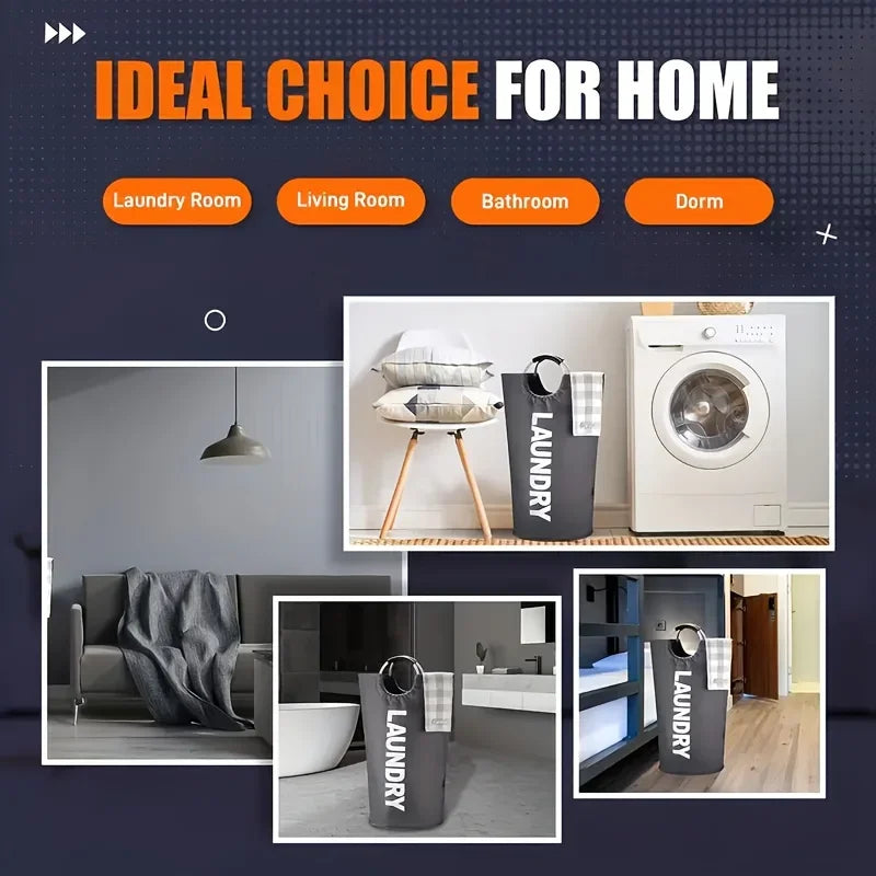 A promotional collage highlighting the use of a black laundry hamper with "LAUNDRY" printed in white in various home settings—laundry room, living room, bathroom, and dorm. Includes labeled images showing the basket in different rooms.