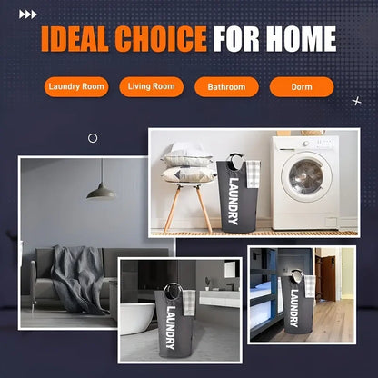 A promotional collage highlighting the use of a black laundry hamper with "LAUNDRY" printed in white in various home settings—laundry room, living room, bathroom, and dorm. Includes labeled images showing the basket in different rooms.