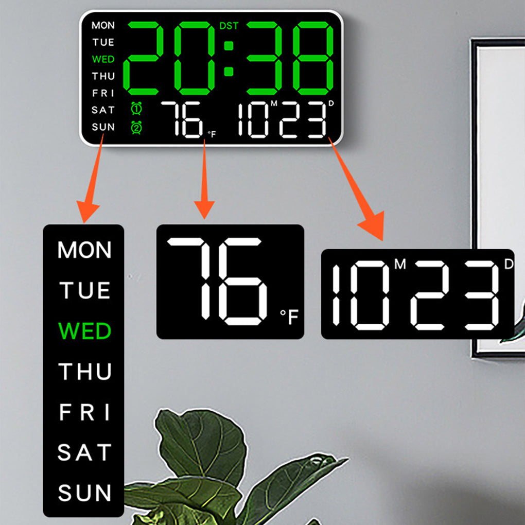LED wall clock mounted on gray wall showing time, temperature, and weekday sections 
