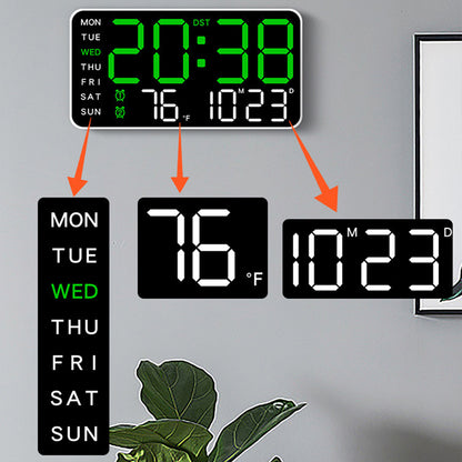 LED wall clock mounted on gray wall showing time, temperature, and weekday sections 