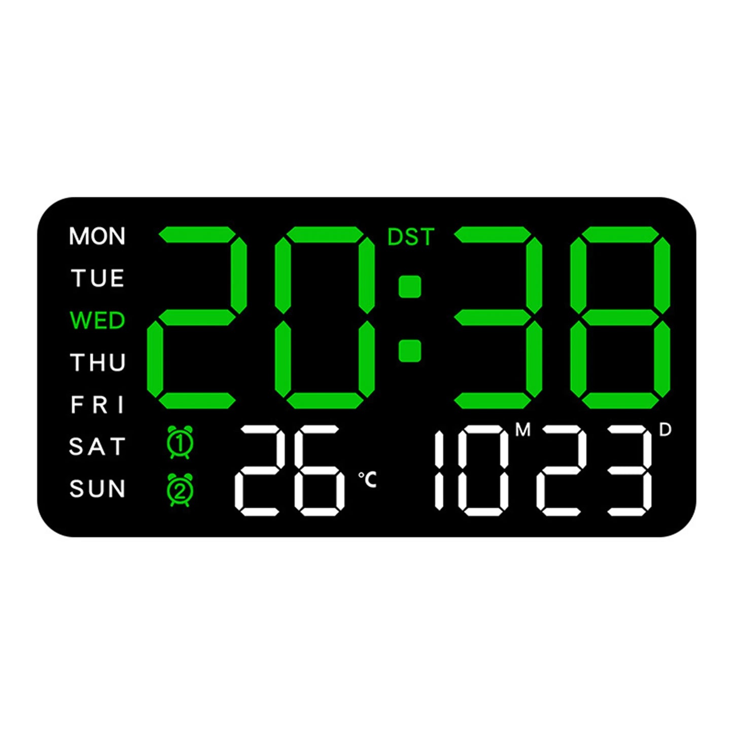 digital wall clock with black shell green display and white frame
