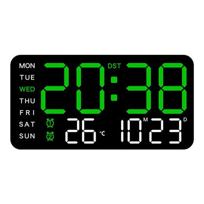 digital wall clock with black shell green display and white frame