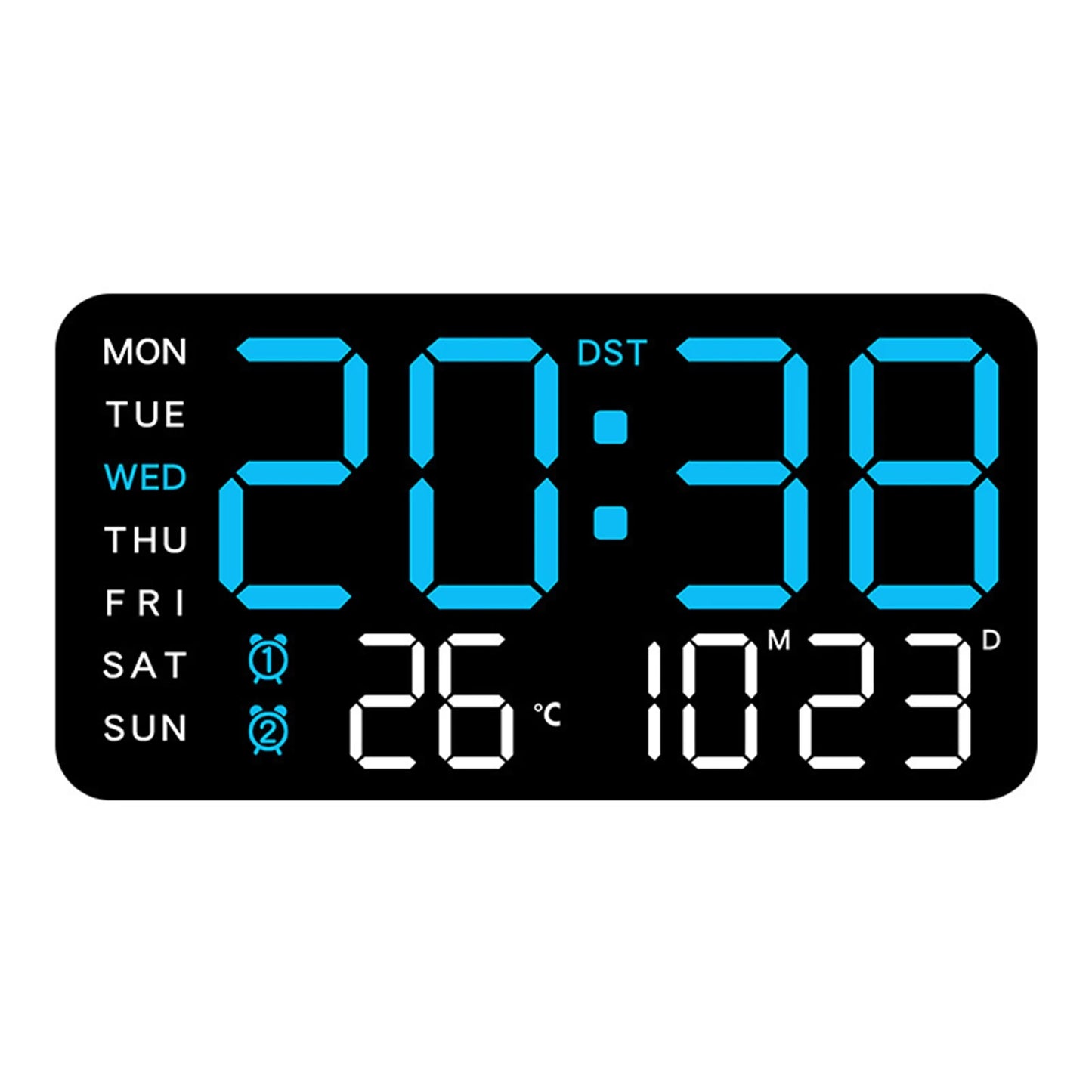 digital wall clock with black shell with blue display and Celsius temperature reading.