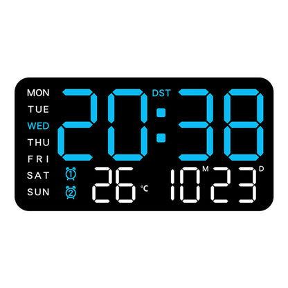 digital wall clock with black shell with blue display and Celsius temperature reading.