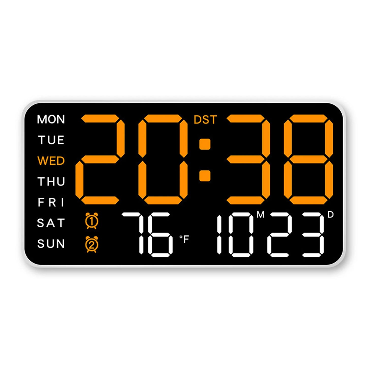 LED digital wall clock with white shell with orange display and weekday indicators.