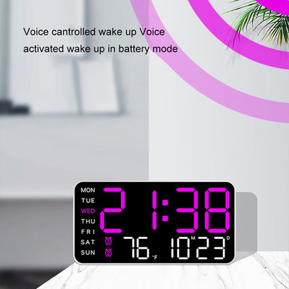 Purple LED digital wall clock with voice control feature displayed on a desk