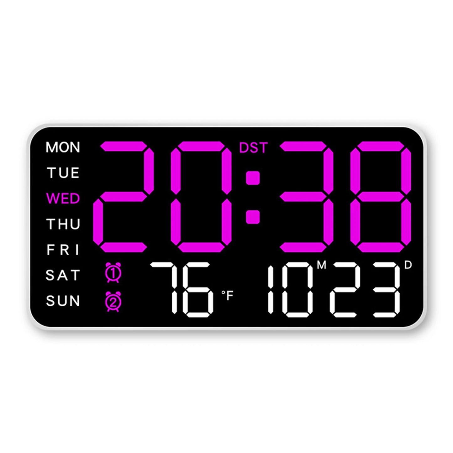 LED digital wall clock with white shell, with purple display showing time, temperature, and date