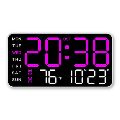 LED digital wall clock with white shell, with purple display showing time, temperature, and date