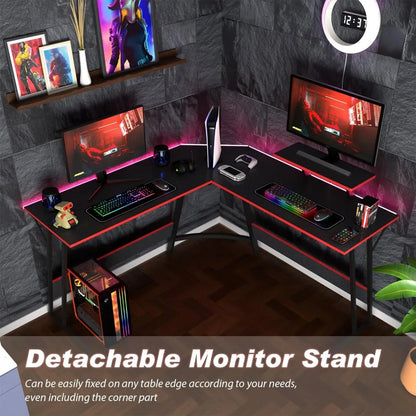 Gaming corner setup with LED-lit L-shaped desk and detachable monitor stand.