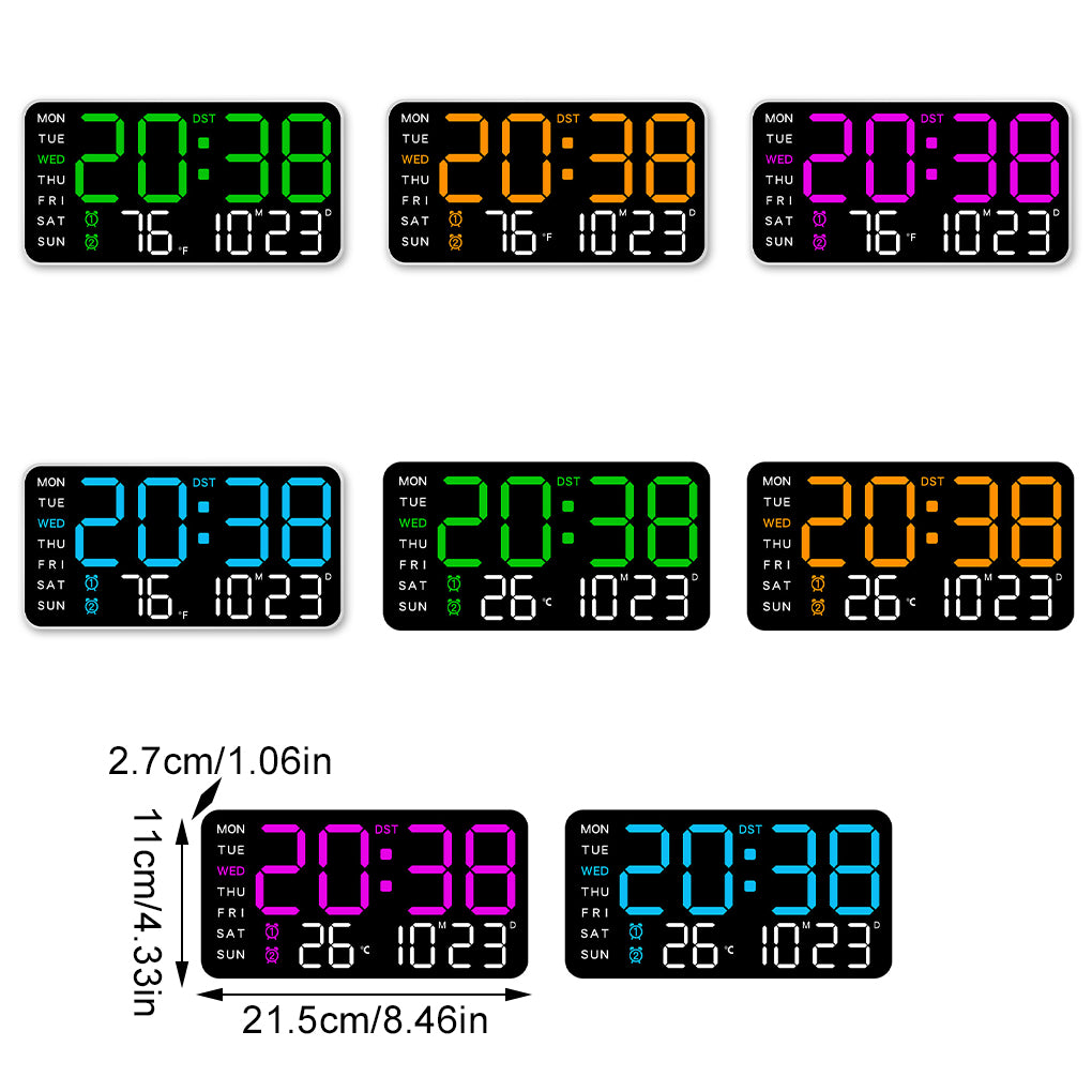 Collection of LED digital wall clocks in four display colors with measurements