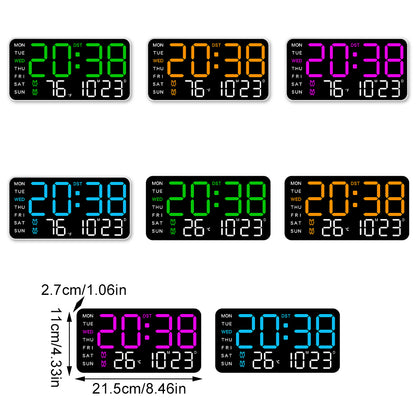 Collection of LED digital wall clocks in four display colors with measurements