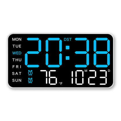 LED wall clock with white shell bright blue LED time and temperature display.