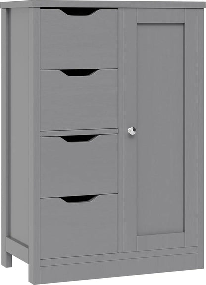 Light gray wooden storage cabinet with 4 drawers and 1 door – front view on white background