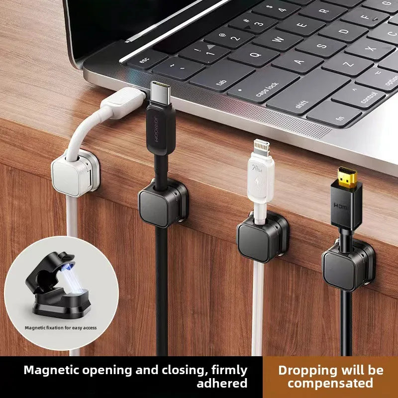 magnetic edge cable docks mounted along a wood desk keep usb-c, lightning and hdmi connectors upright beside a laptop; hinged clip with magnetic latch shown in inset