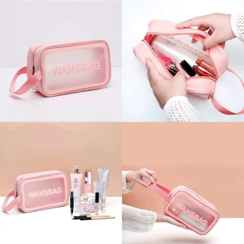 Collage of four images showing different angles of the pink cosmetic washbag, including front, open top, and lifestyle use views.