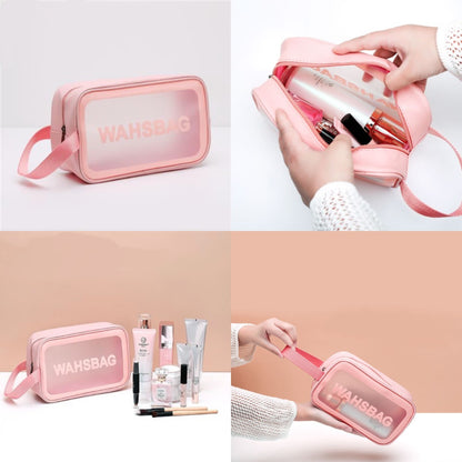 Collage of four images showing different angles of the pink cosmetic washbag, including front, open top, and lifestyle use views.
