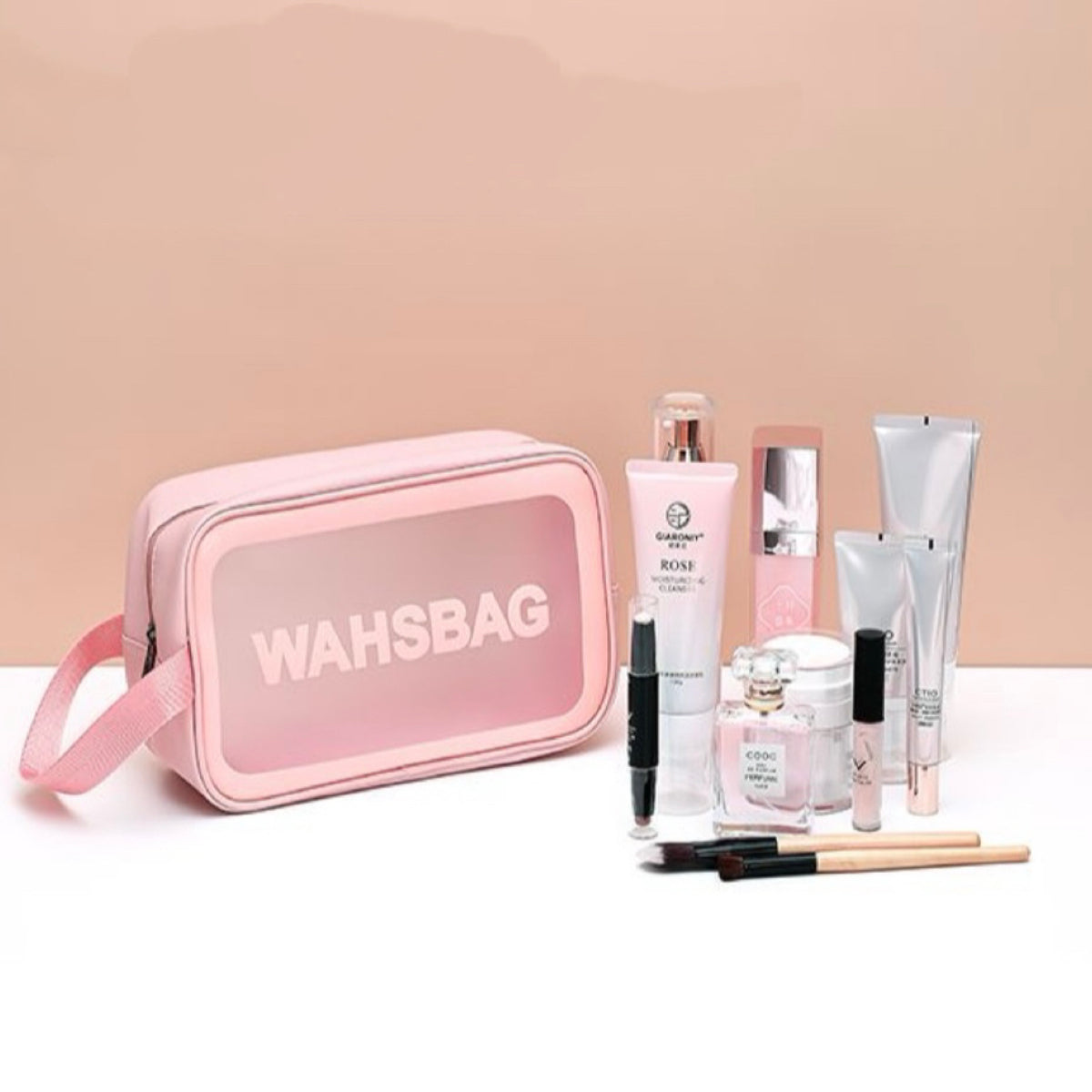 Pink cosmetic bag displayed next to a full set of beauty and skincare products, showcasing its large storage capacity