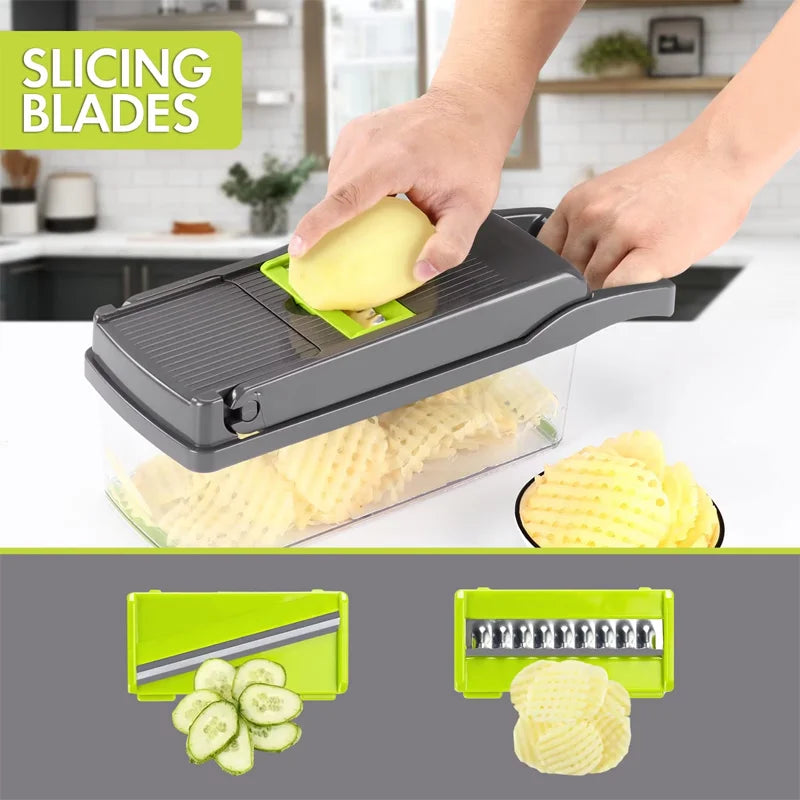 Person using a mandoline slicer to slice an apple in a kitchen setting. below the photo show two different slicer types