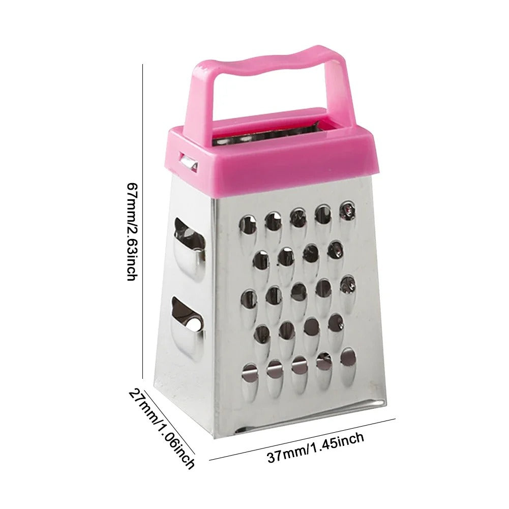 Mini 4-sided stainless steel grater with pink handle shown with product size measurements in inches and mm