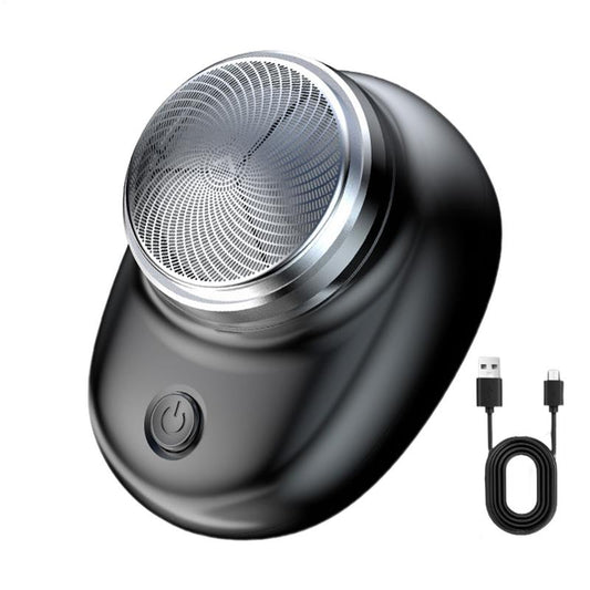 Mini USB electric shaver with included Type-C cable displayed on white background.