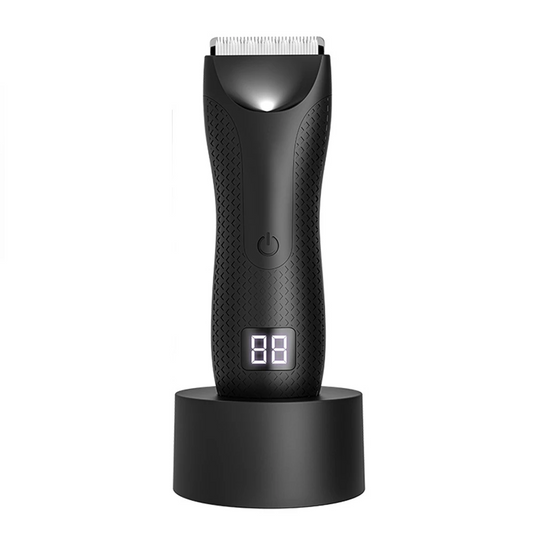 Minimal black digital trimmer on charging base with LED screen, displayed against a clean white background.