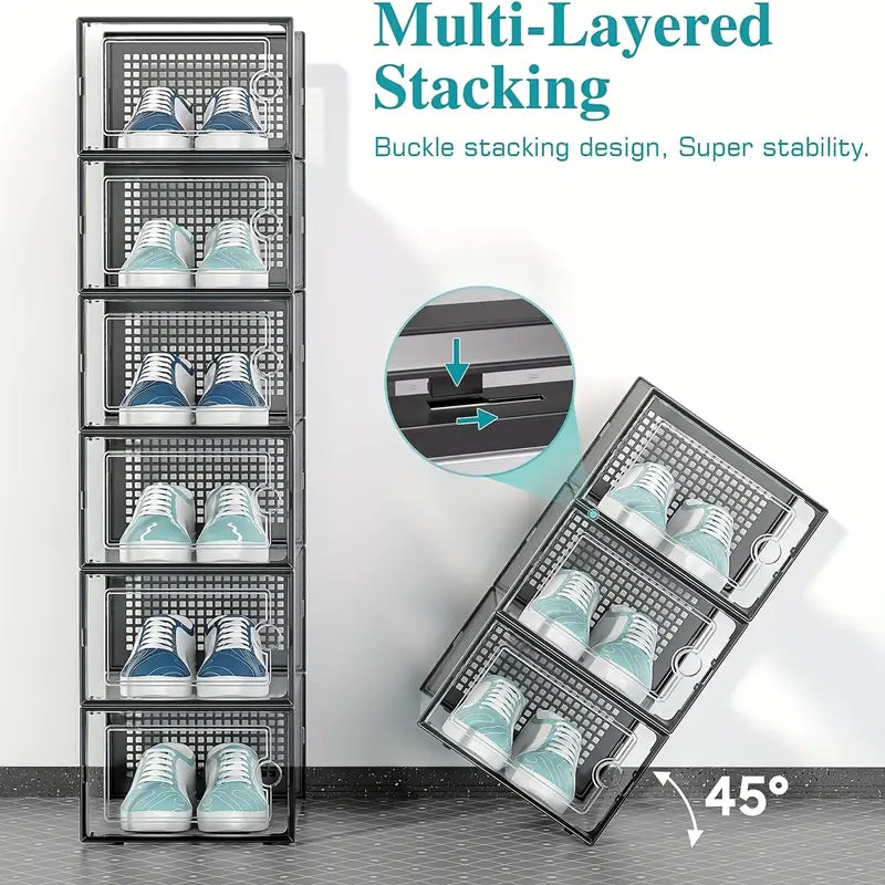 Tall vertical display of stacked transparent shoe boxes showing multi-layered structure with 45-degree tilt demonstration.