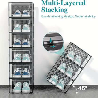 Tall vertical display of stacked transparent shoe boxes showing multi-layered structure with 45-degree tilt demonstration.