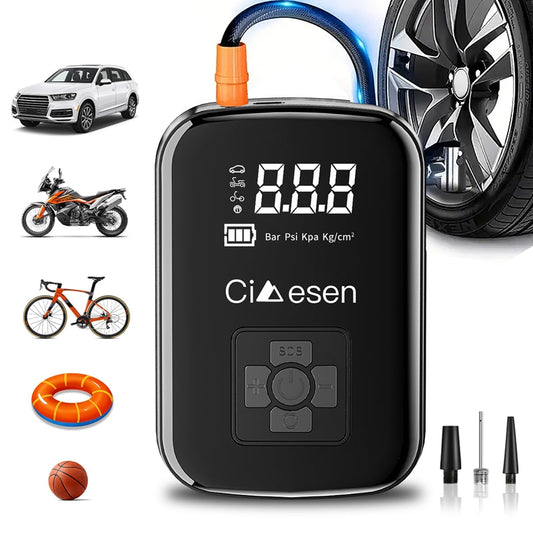 Digital air pump surrounded by icons representing compatibility with car, bike, motorcycle, and more.