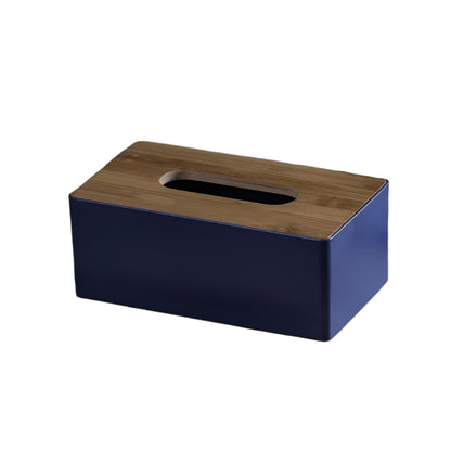  
navy blue tissue box with bamboo lid on tray