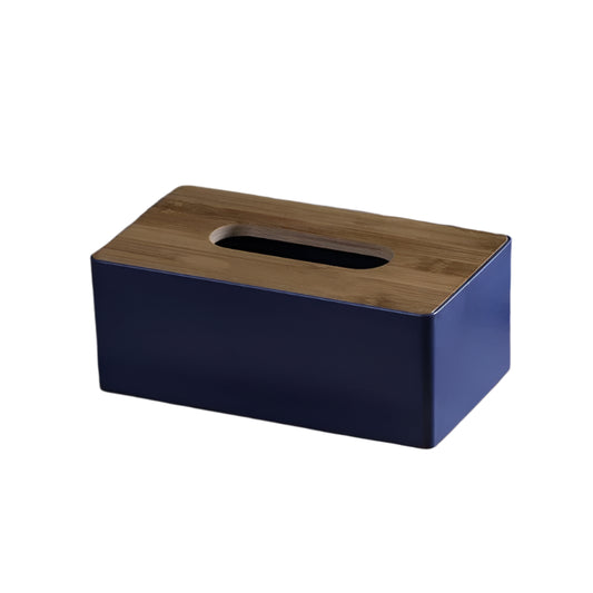  
navy blue tissue box with bamboo lid on tray