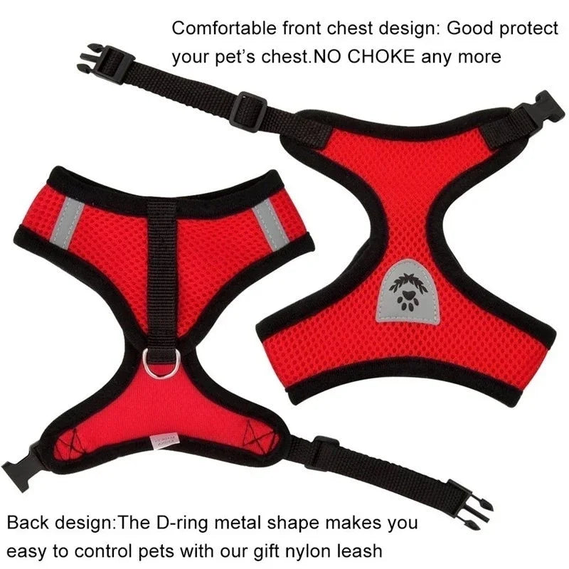 Red no-choke pet harness vest with breathable mesh and reflective strips shown front and back, highlighting the D-ring leash attachment and safety design.