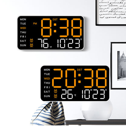 Orange LED digital wall clock mounted on a wall showing temperature and date display