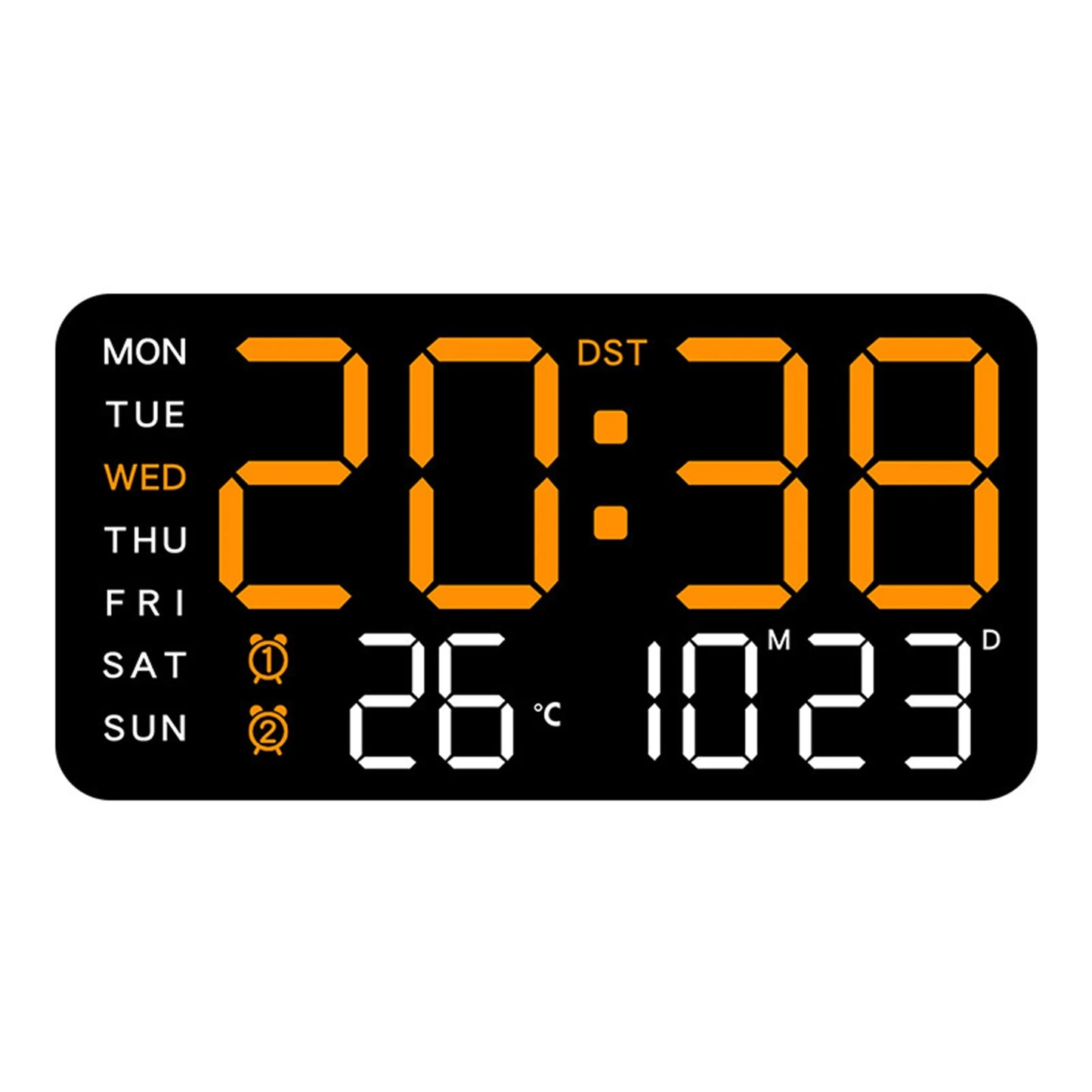 Orange LED wall black shell clock with day and date indicators