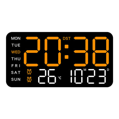 Orange LED wall black shell clock with day and date indicators