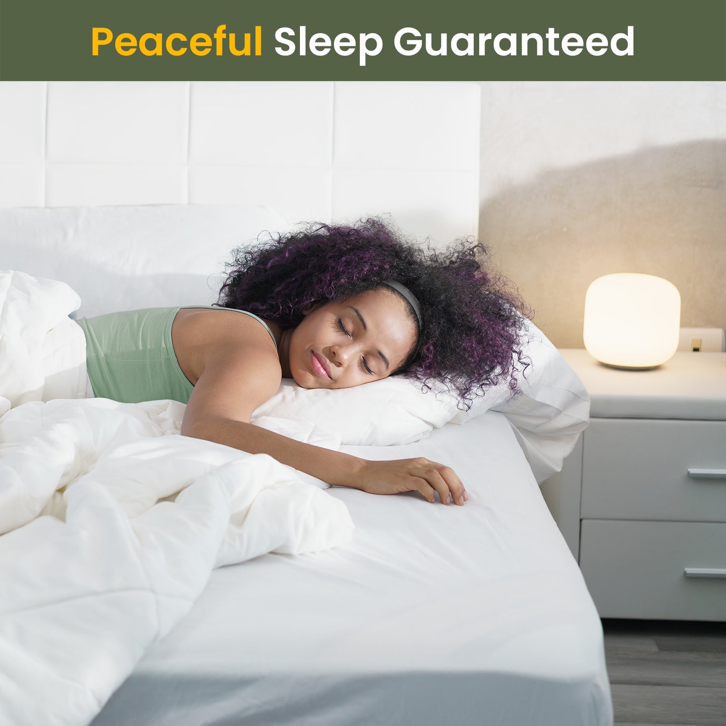 Woman peacefully sleeping on bed with Fairpeak waterproof mattress protector, highlighting comfort and quiet sleep protection.