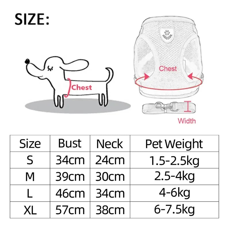Size chart for pet harness vest showing bust, neck, and weight ranges for sizes S, M, L, and XL, including measurement guide for chest area on cartoon dog and product diagram.