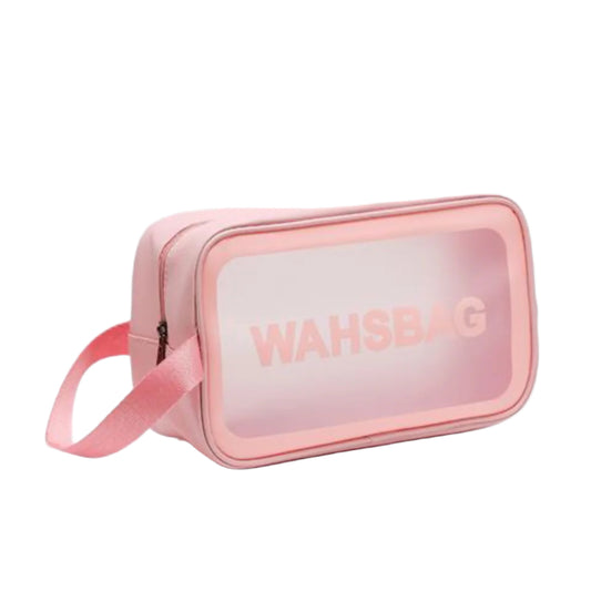 Side angle view of the pink waterproof washbag with zipper and fabric handle, showcasing its sleek rectangular shape.