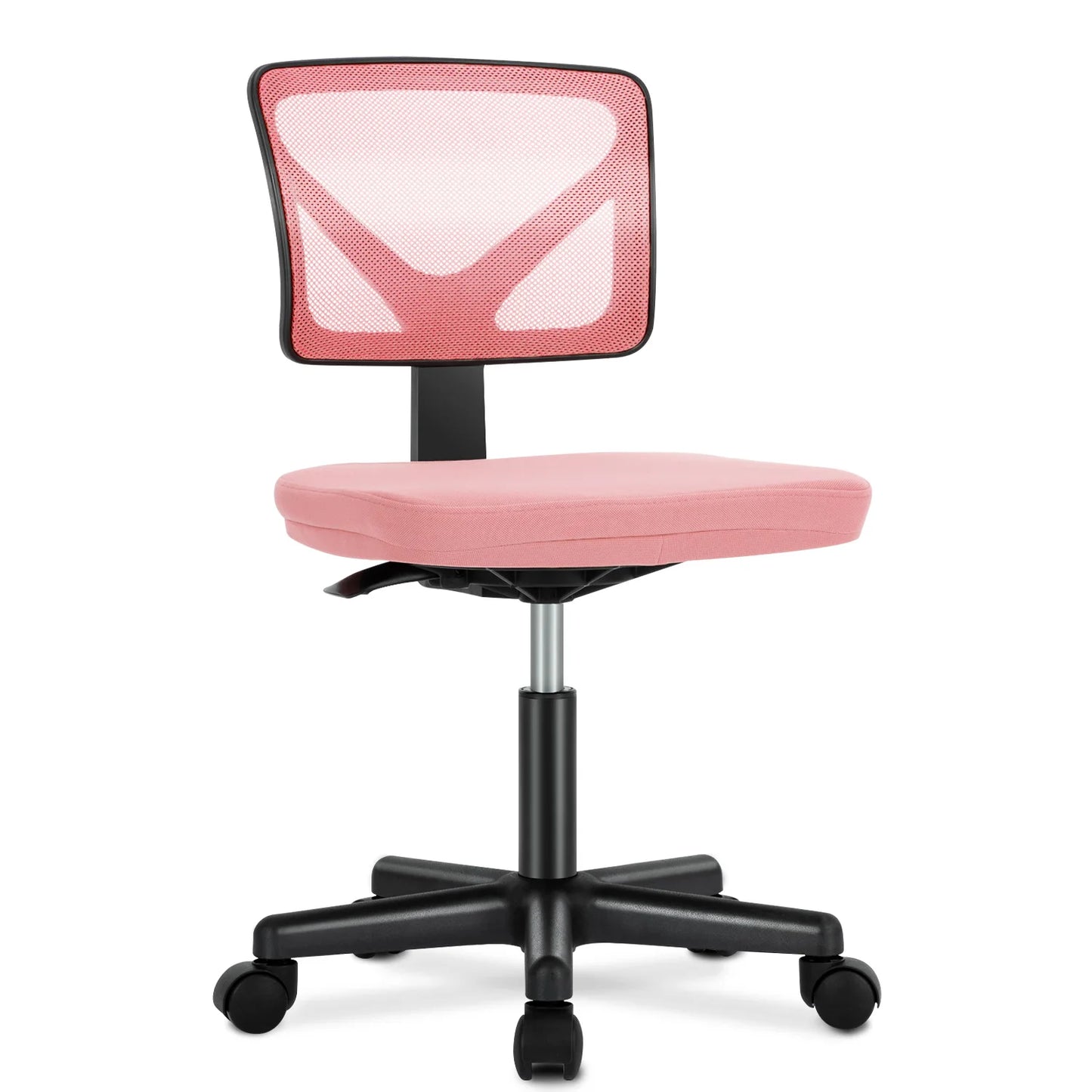 Pink mesh office chair with black base on white background