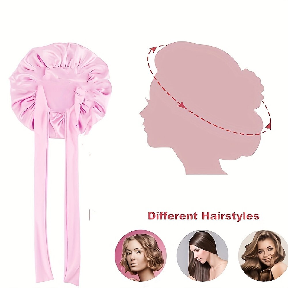 Pink satin bonnet with sizing guide and head measurement illustration for different hairstyles