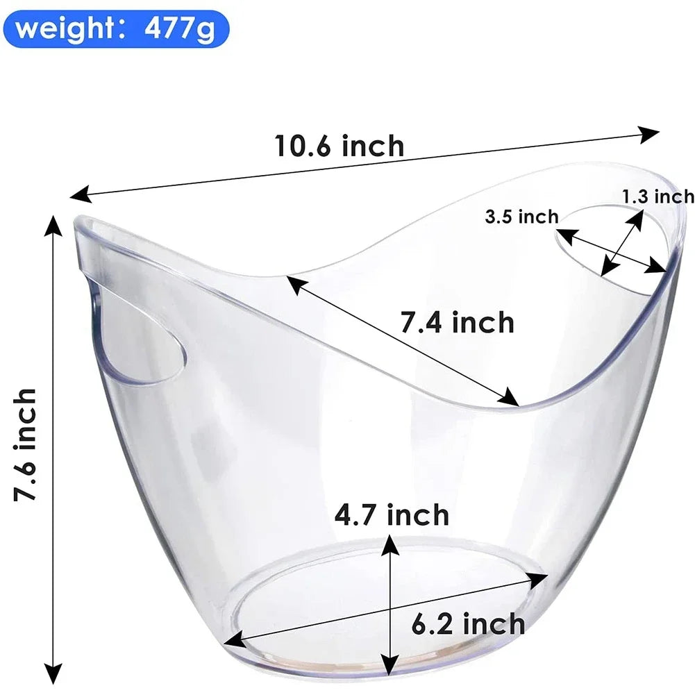 A measurement diagram showing the dimensions of the plastic ice bucket in inches, including height, width, and depth, with a total weight of 477g for specification reference.