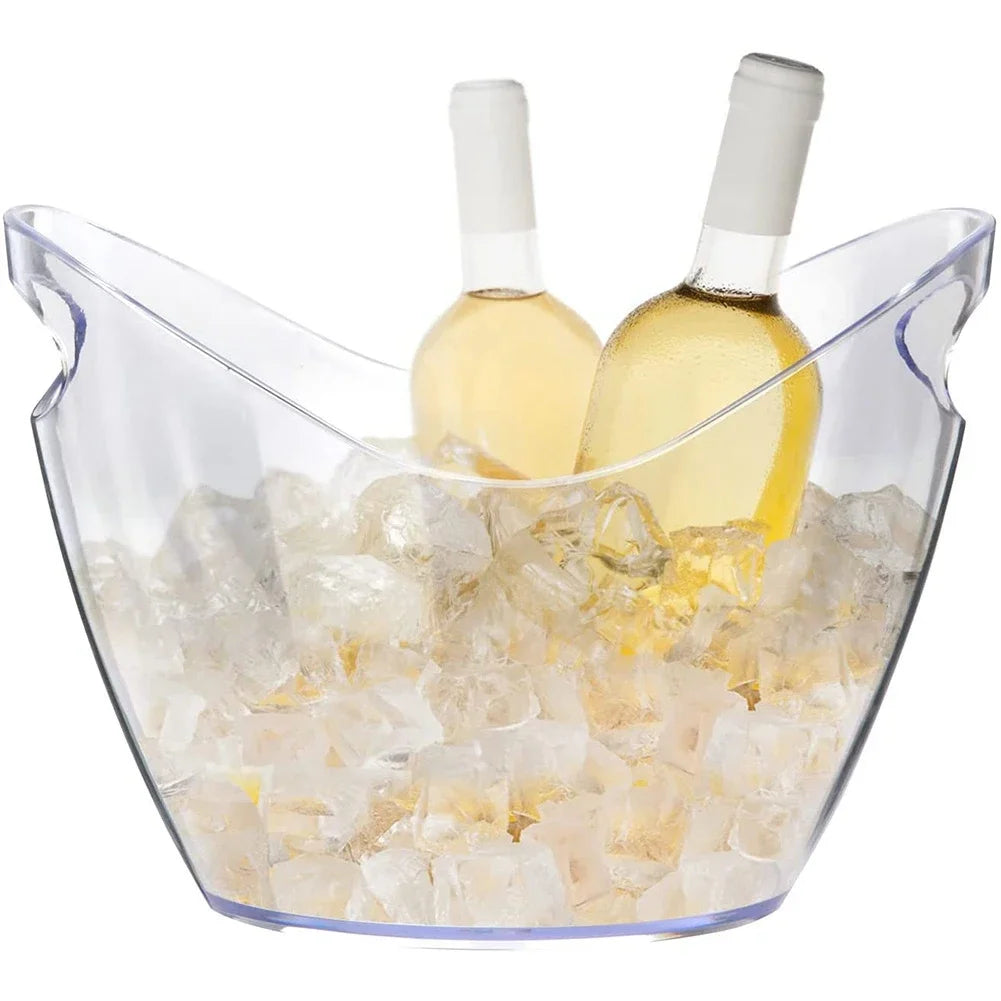 A clear plastic ice bucket filled with ice cubes and two white wine bottles, showcasing the bucket's capacity and ideal use for chilling beverages at events or parties.