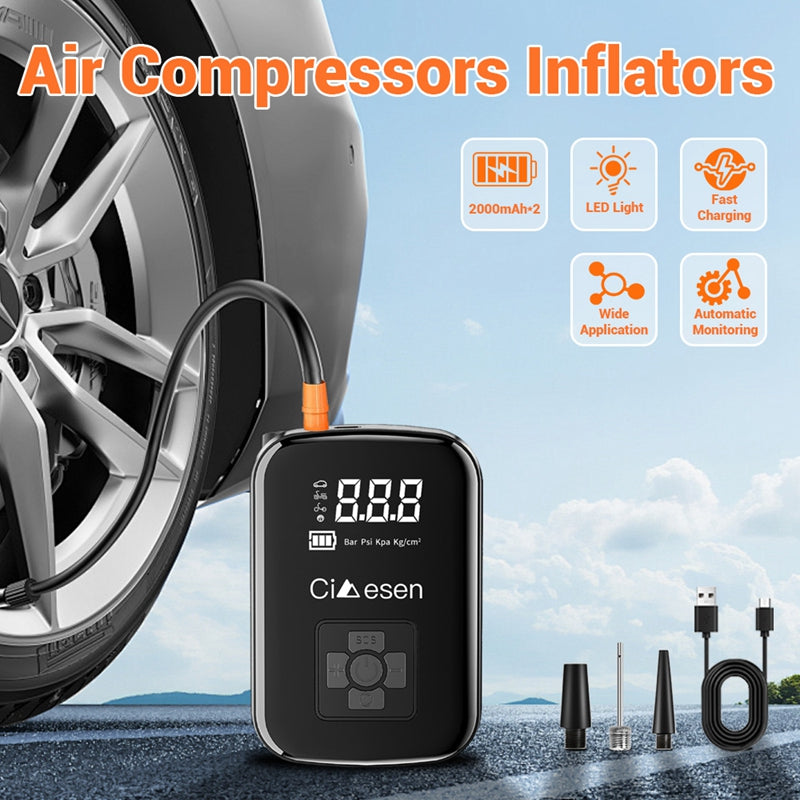 Wireless air compressor inflating a car tire with digital pressure display and accessories shown.