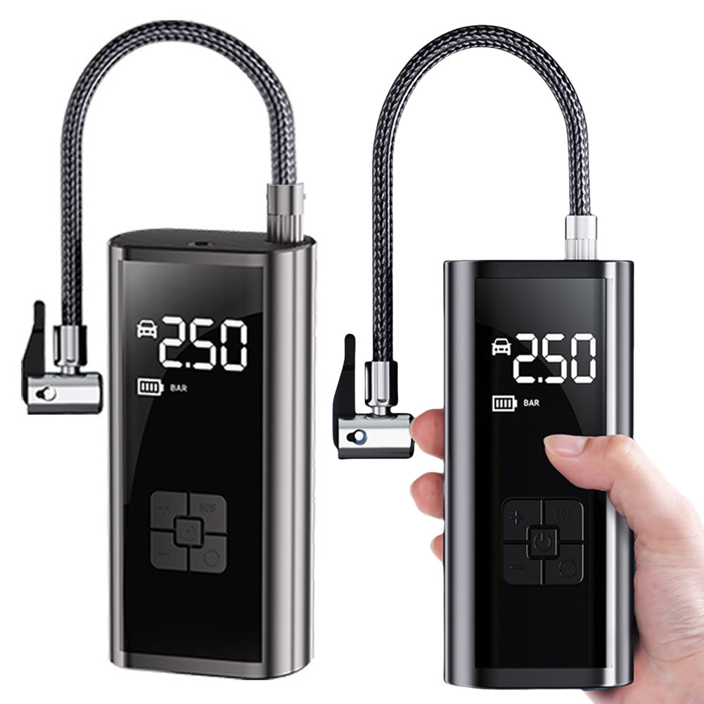 Two handheld electric tire pumps showing hose attachment and digital screen