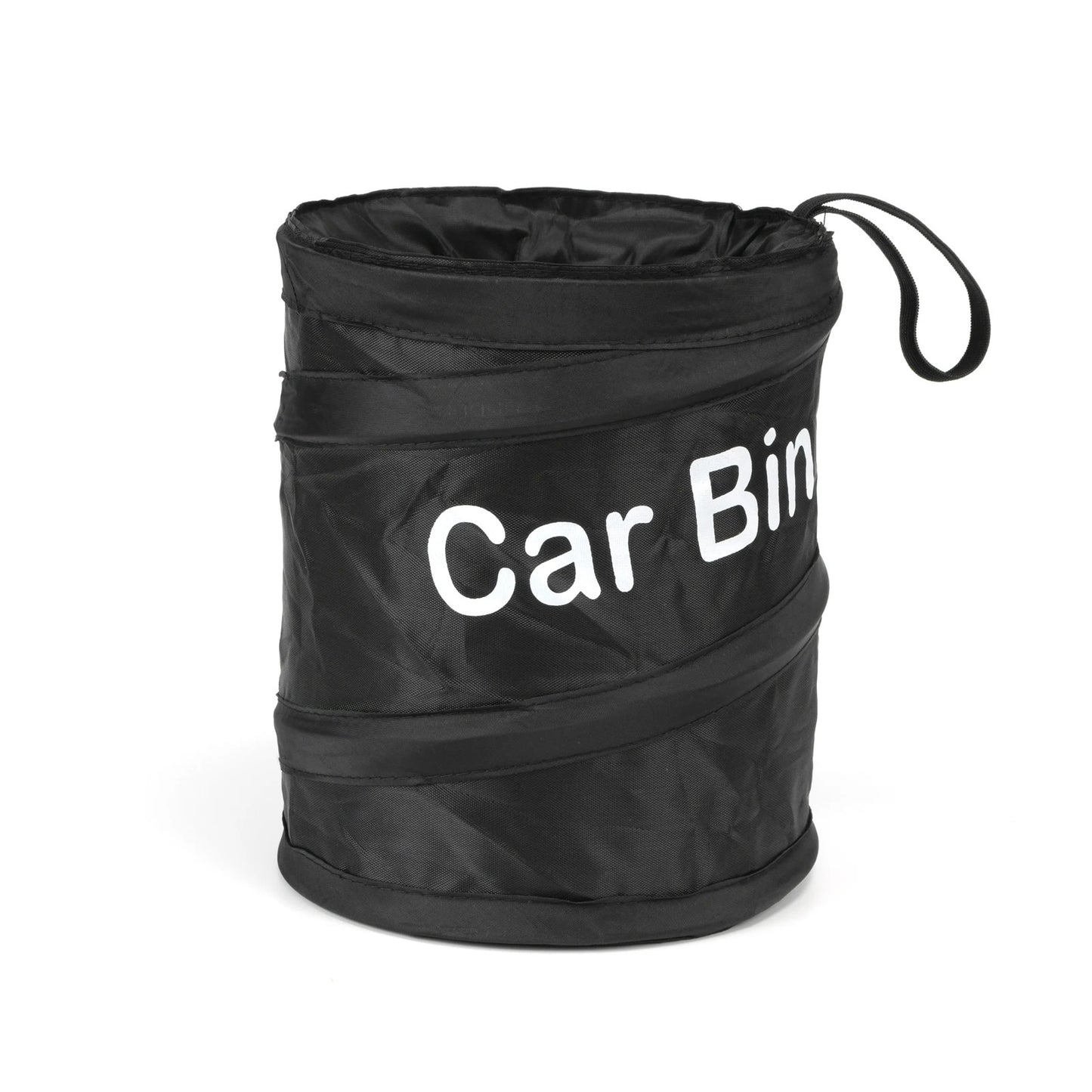 Foldable black car trash bin made of durable oxford cloth with “Car Bin” printed on the front and a convenient hanging strap on the side in the setting of white background. 