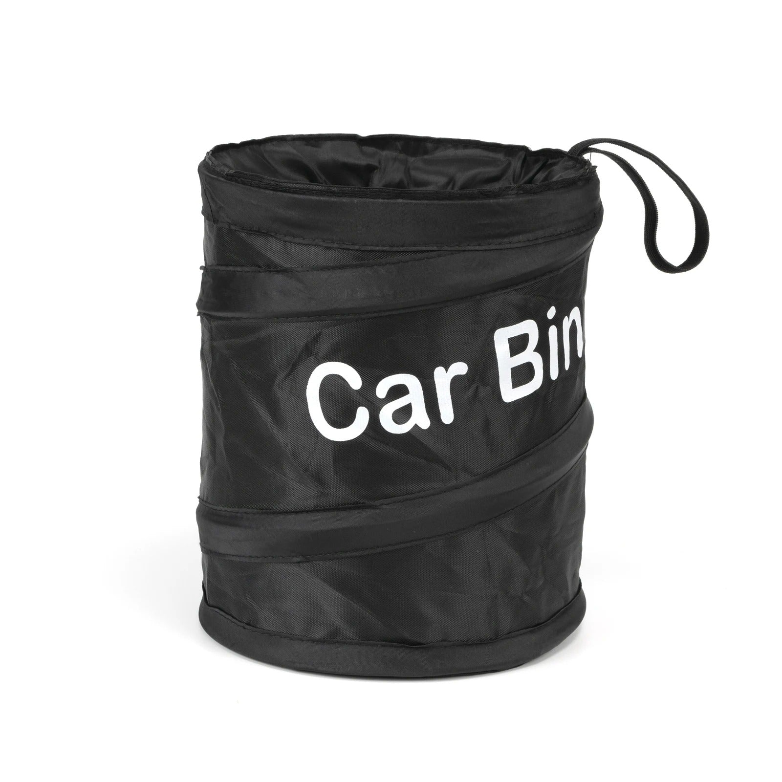 Foldable black car trash bin made of durable oxford cloth with “Car Bin” printed on the front and a convenient hanging strap on the side in the setting of white background. 