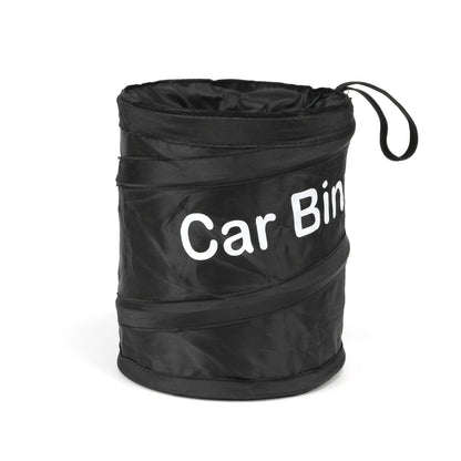 Foldable black car trash bin made of durable oxford cloth with “Car Bin” printed on the front and a convenient hanging strap on the side in the setting of white background. 