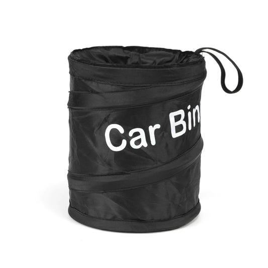Foldable black car trash bin made of durable oxford cloth with “Car Bin” printed on the front and a convenient hanging strap on the side in the setting of white background. 