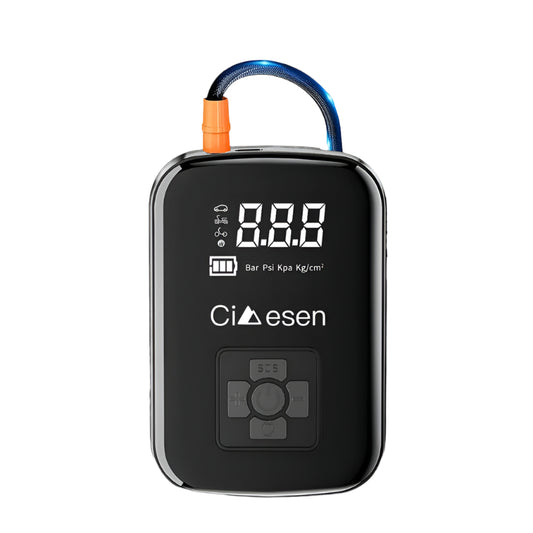Studio product shot of wireless 150PSI tire inflator showing control buttons and display screen.